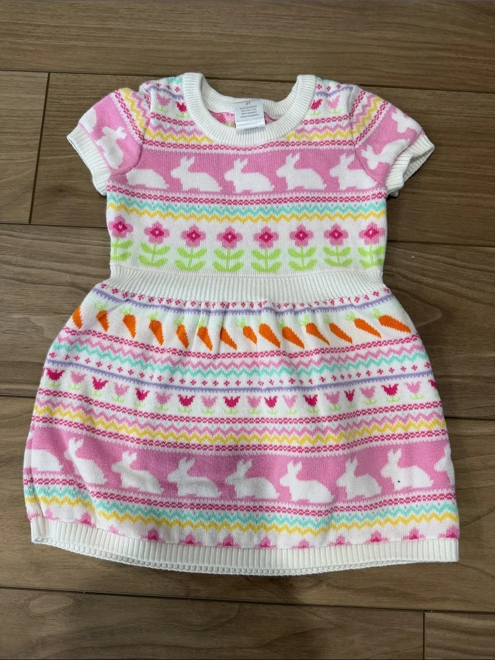 Girls Pink Bunny & Flower Knit Dress